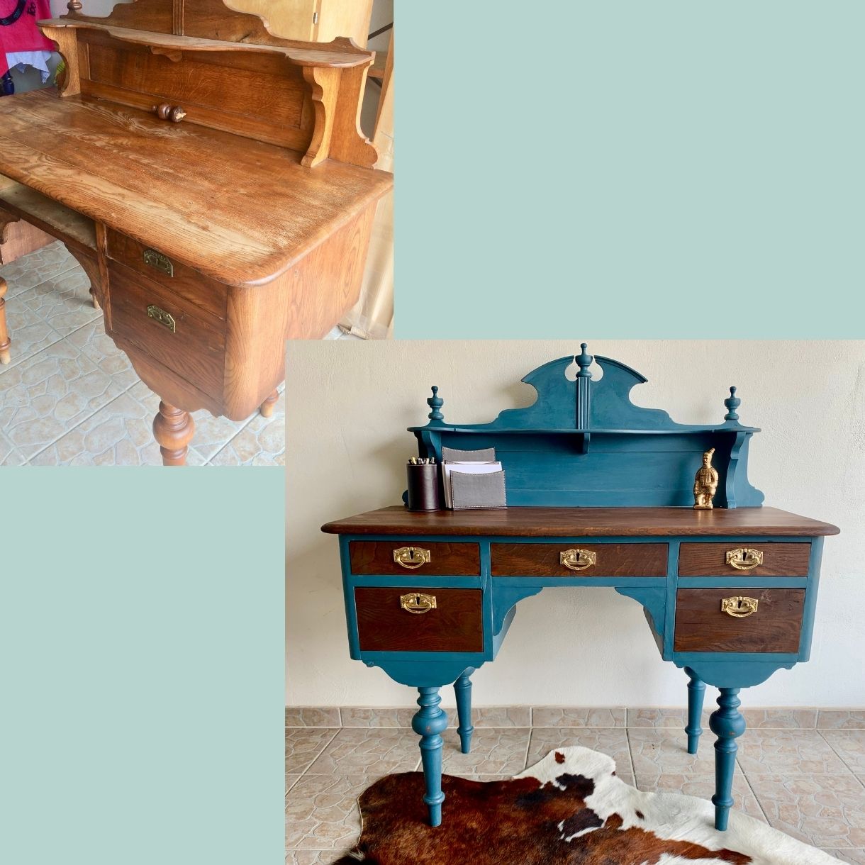 Antikt skrivebord malet i Aubusson Blue og med raa bordplade