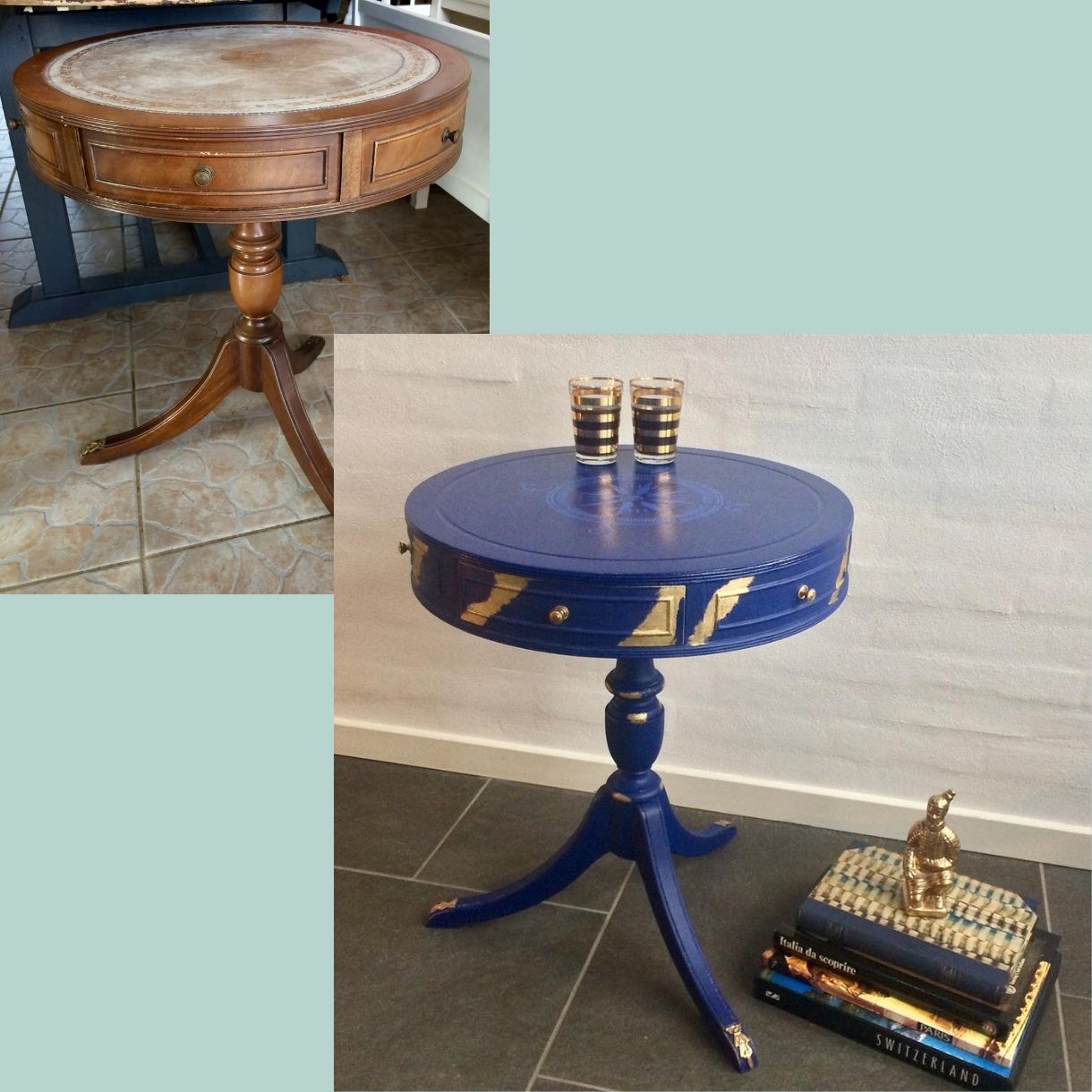 Engelske drum table malet i Napoleonic Blue med detaljer af bladguld