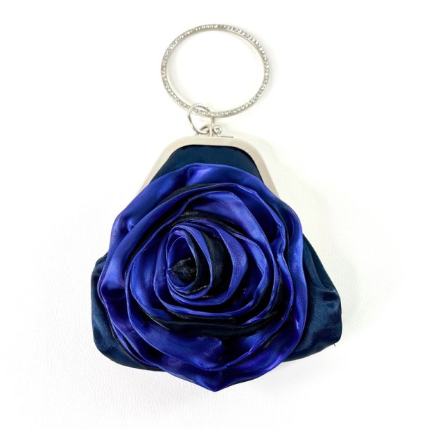 Clutch taske - bl�sort satin m/blomst og armb�nd 