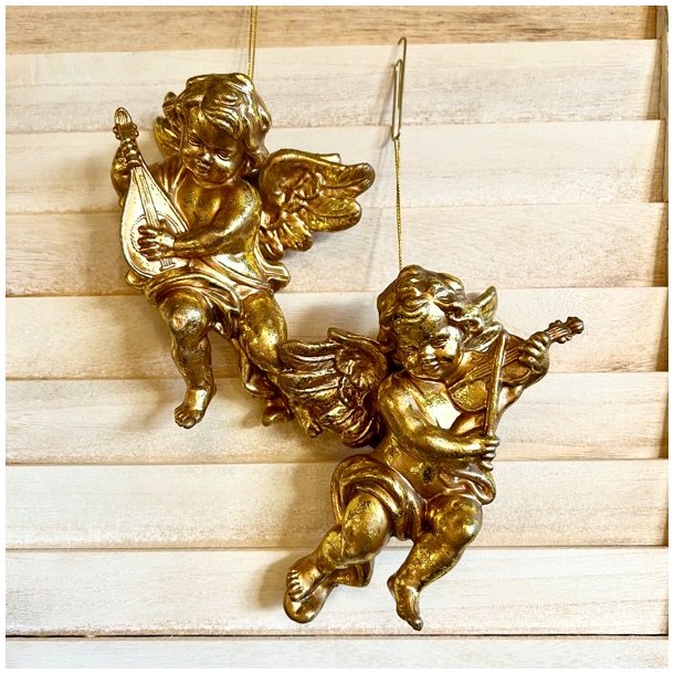 Gylden engel med instrument - juleophng