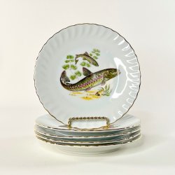 Fisketallerkener (5 stk samlet) - med gylden blondekant