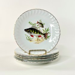 Fisketallerkener (5 stk samlet) - med gylden blondekant