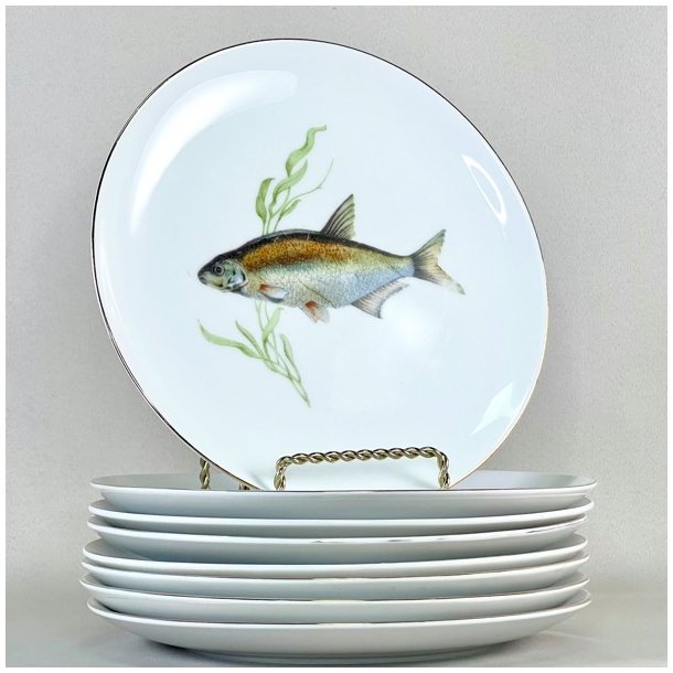 Fisketallerken - guldkant og lysegrn tang