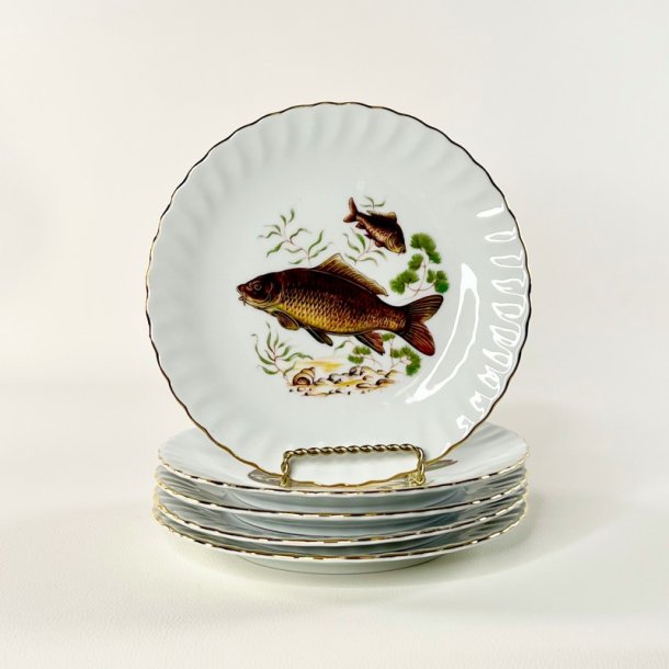 Fisketallerkener (5 stk samlet) - med gylden blondekant