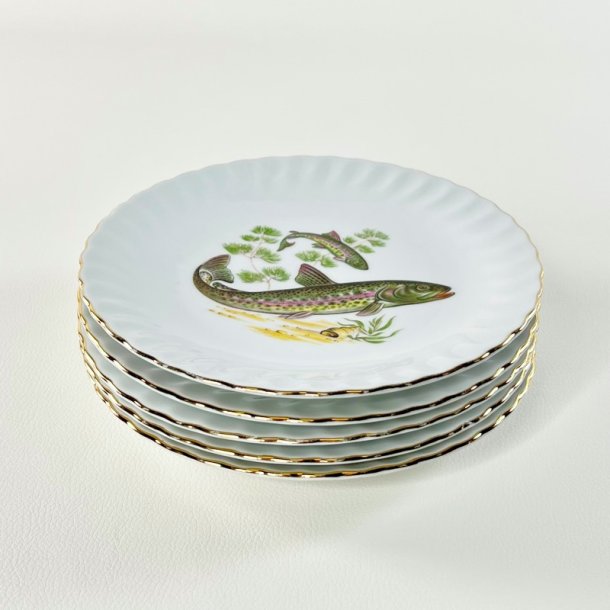 Fisketallerkener (5 stk samlet) - med gylden blondekant