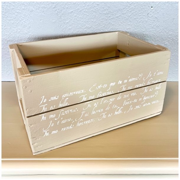 Gl. sodavandskasse - sand m/fransk tekst