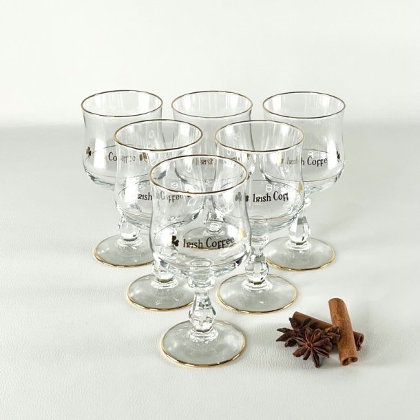 Irish Coffee glas (6 stk samlet) - p stilk, guld skrift