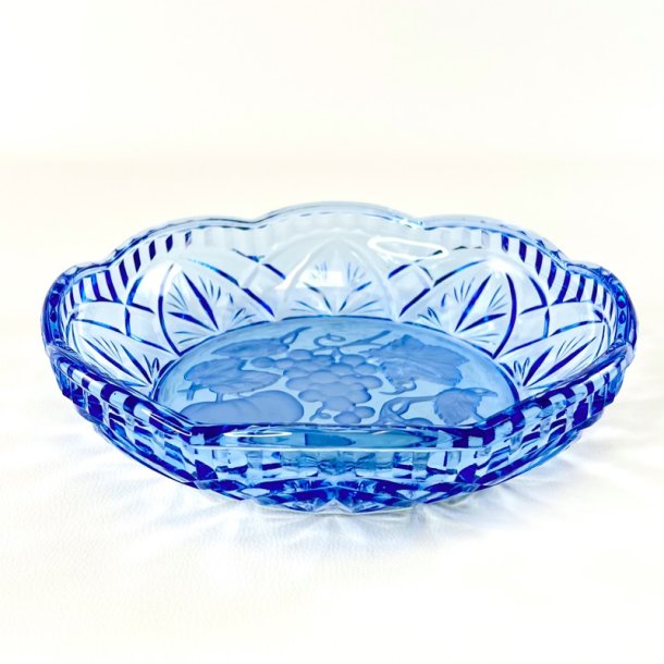 Glasfad - bl�t m/blondekant og frugtmotiv, �25 cm