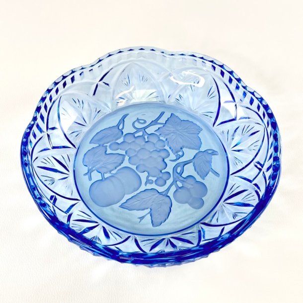 Glasfad - bl�t m/blondekant og frugtmotiv, �25 cm