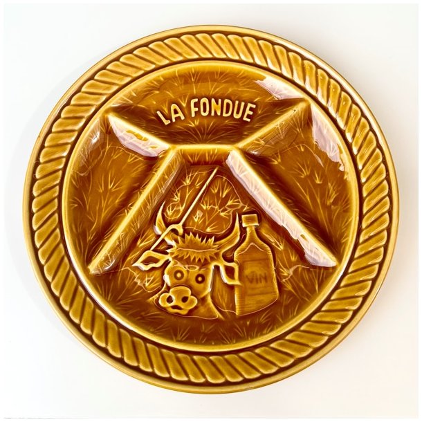 Fransk fonduetallerken - sennepsgul, opdelt m/ko 