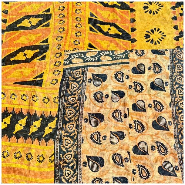 Sari Kantha vintage tppe - gul/sort (140x200)