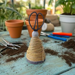 Tr�spole med jutesnor og saks