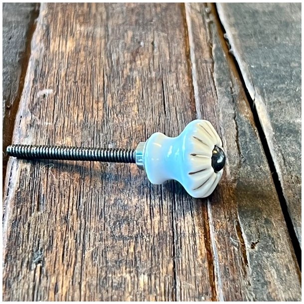 Mbelknop - hvid porceln m/riller og guld stribe