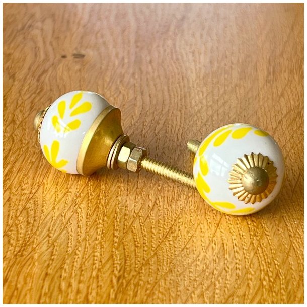 Mbelknop - lille porceln hvid m/gul