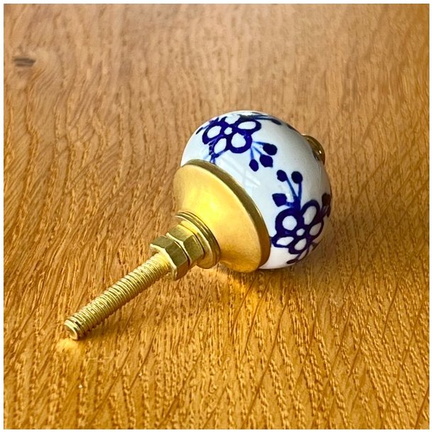 Mbelknop - porceln m/bl blomst og guld 