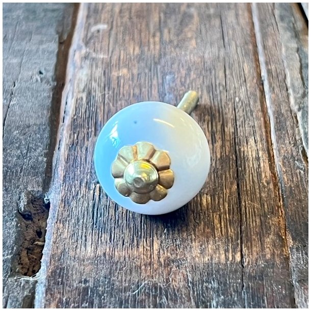 Mbelknop - porceln, rund hvid m/guld