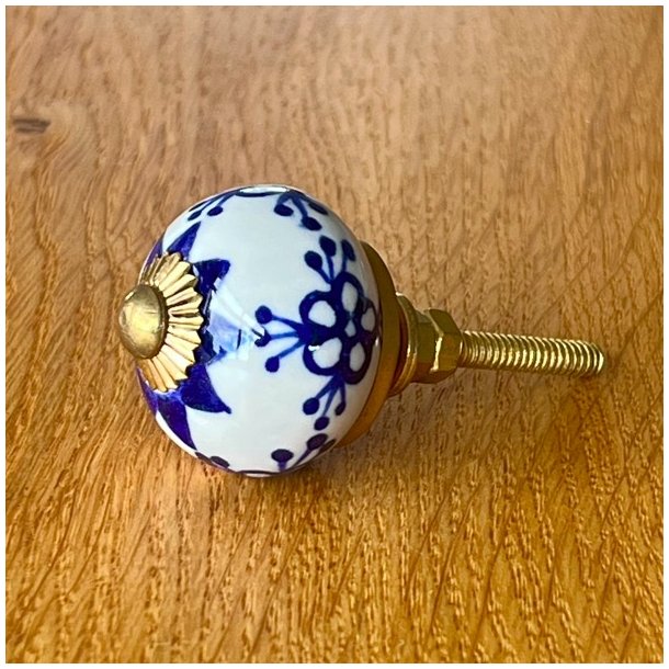Mbelknop - porceln m/bl blomst og guld 