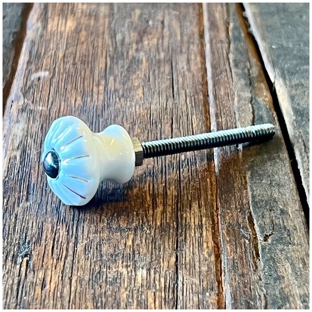 Mbelknop - hvid porceln m/riller og guld stribe