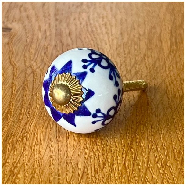 Mbelknop - porceln m/bl blomst og guld 