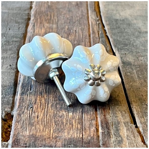 Mbelknop - porceln, taupe m/hvidt mnster