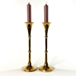 Messing lysestagepar - trompetformet med kugler, H22 cm