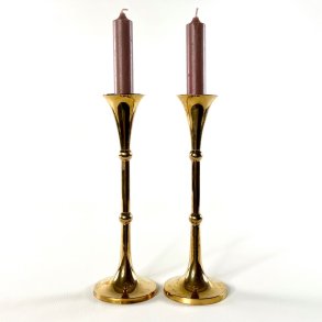 Messing lysestagepar - trompetformet med kugler, H22 cm