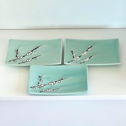 Firkantede tallerkener - turkis m/blomster (st a' 4 stk) 