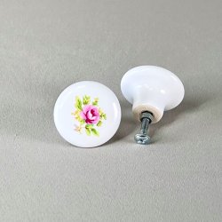 Mbelknop - porceln, hvid m/blomst 