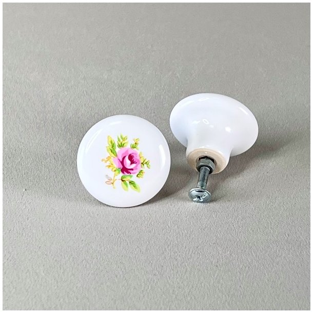 Mbelknop - porceln, hvid m/blomst 