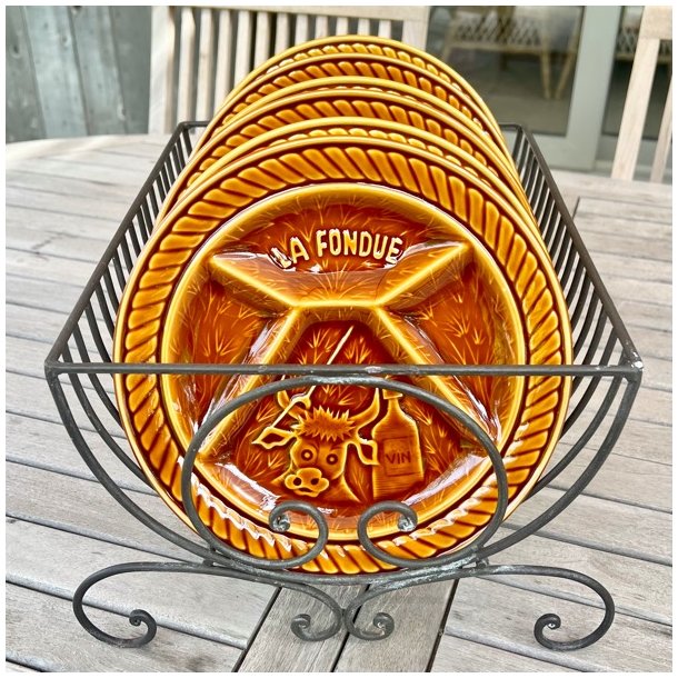 Fransk fonduetallerken - sennepsgul, opdelt m/ko 