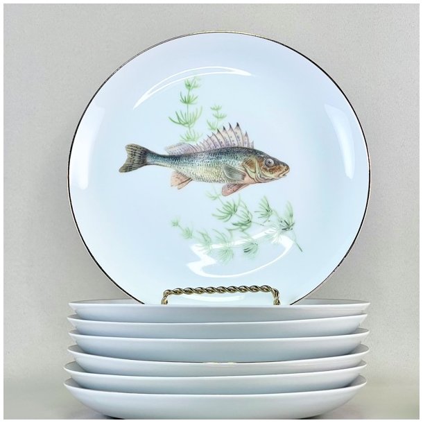 Fisketallerken - guldkant og lysegrn tang