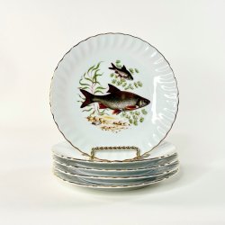 Fisketallerkener (5 stk samlet) - med gylden blondekant