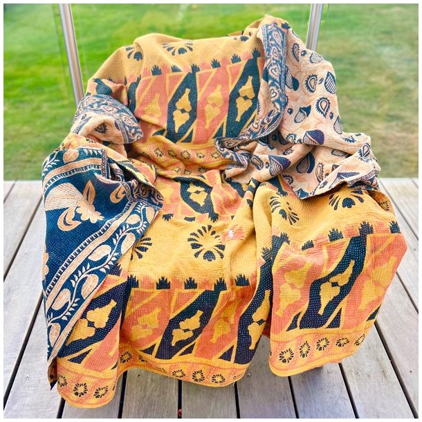 Sari Kantha vintage tppe - gul/sort (140x200)