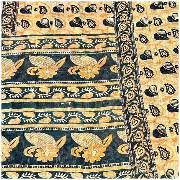 Sari Kantha vintage tppe - gul/sort (140x200)