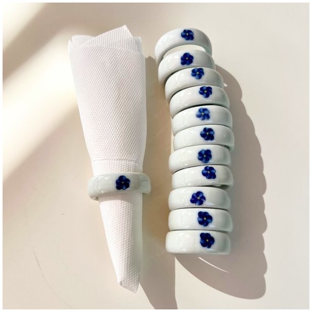 Servietring, knivsttte og bordkortholder m/bl blomst (6 st/pakke)