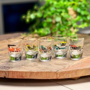 Shotglas med veteranbiler (sæt a' 5 stk)