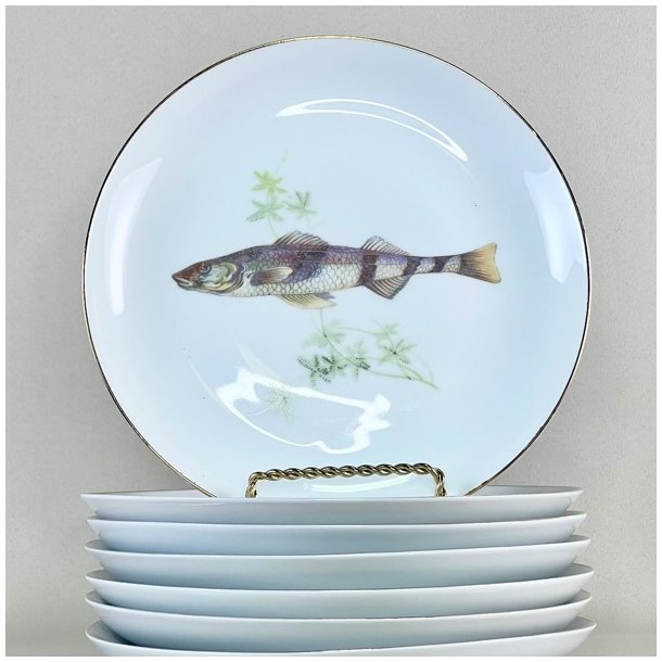 Fisketallerken - guldkant og lysegrn tang