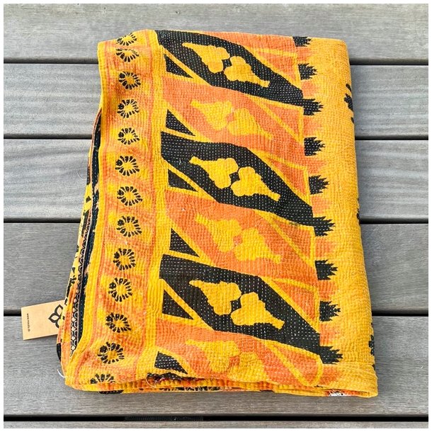 Sari Kantha vintage tppe - gul/sort (140x200)