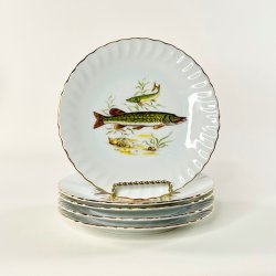 Fisketallerkener (5 stk samlet) - med gylden blondekant