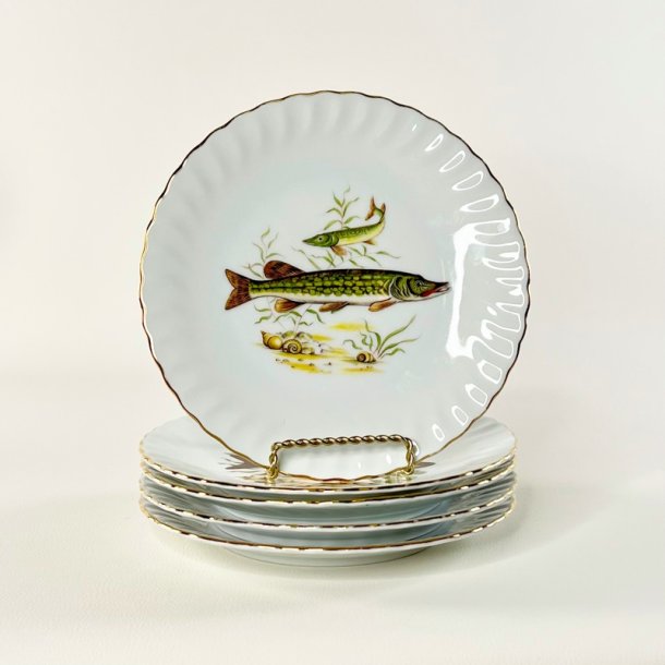 Fisketallerkener (5 stk samlet) - med gylden blondekant