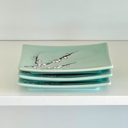 Firkantede tallerkener - turkis m/blomster (st a' 4 stk) 