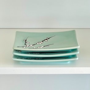 Firkantede tallerkener - turkis m/blomster (st a' 4 stk) 