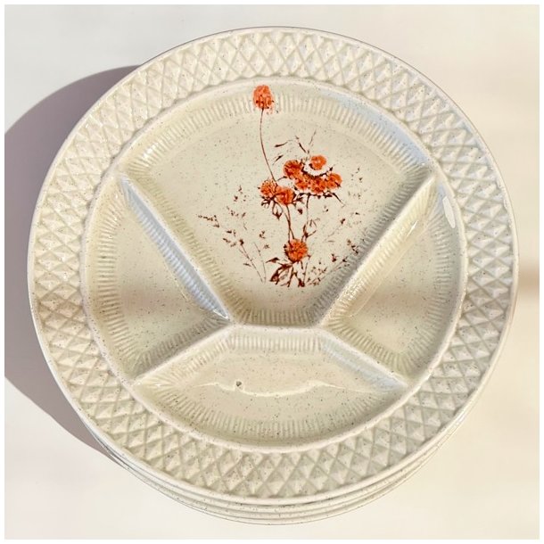 Fransk fonduetallerken - rhvid, m/vilde blomster  