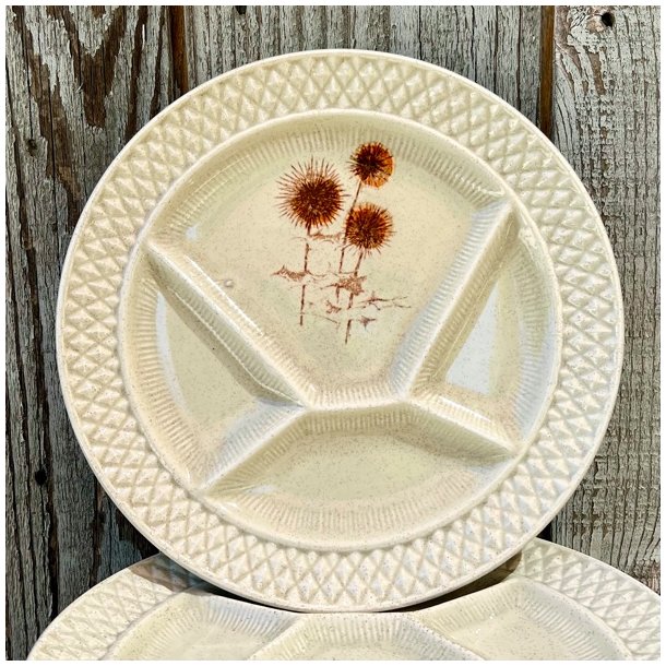 Fransk fonduetallerken - rhvid, m/vilde blomster  