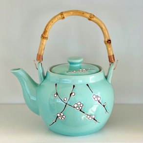 Tekande - turkis m/blomster og bambushank