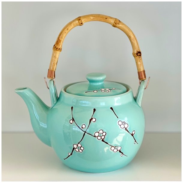 Tekande - turkis m/blomster og bambushank