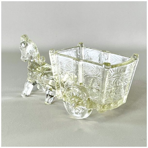 Vintage glasskl med sel og vogn - stor, let gylden