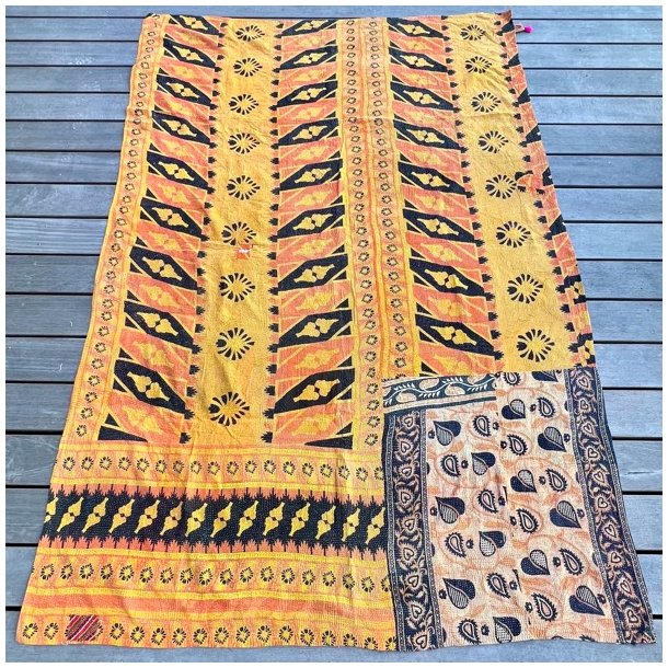 Sari Kantha vintage tppe - gul/sort (140x200)